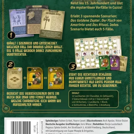 kronologic-cuzco1450-verpackung-rueckseite-webp Rückseite der Spielbox von Kronologic – Cuzco 1450 mit Szenario-Übersicht (Deutsch)