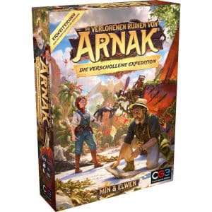 Die verlorenen Ruinen von Arnak Brettspiel Die verschollene Expedition Erweiterung Verpackung Vorderseite Heidelbär Spielgetuschel