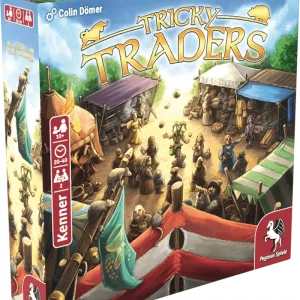 Vorderseite der Box Tricky Traders – Marktduell und Einflusskarten