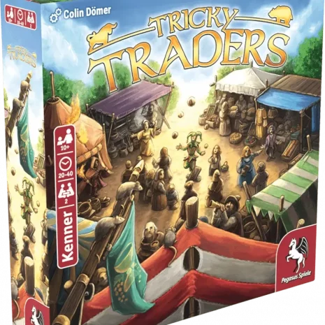 Vorderseite der Box Tricky Traders – Marktduell und Einflusskarten