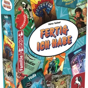 Vorderseite der Box „FERTIG ICH HABE“ – Familienspiel von Pegasus
