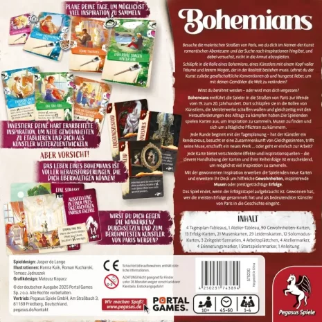 bohemians-verpackung-rueckseite-webp Rückseite mit Spielbeschreibung: Inspiration, Musen, Deckbuilding