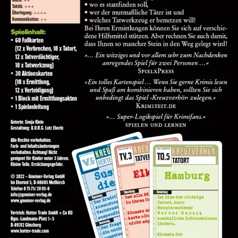 kreuzverhoer-verpackung-rueckseite-webp Rückseite mit Angabe „2 Spieler, ab 12 Jahren, ca. 40 Minuten“ und Kurzinfo zum Spielprinzip.