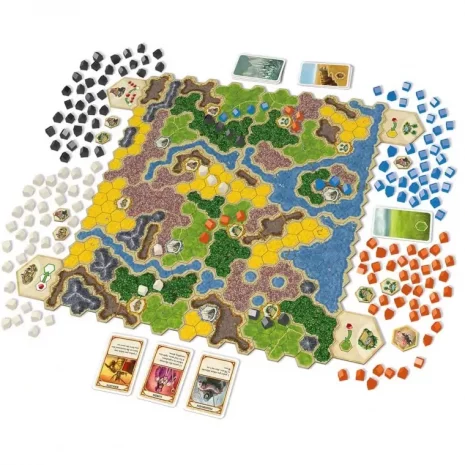 kingdom-builder-inhalt-webp Komponenten von Kingdom Builder: modulare Spielpläne, Karten & Spielfiguren
