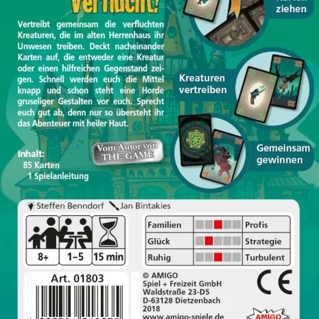 verflucht-verpackung-rueckseite-webp Rückseite mit Spielübersicht: 1–5 Spieler, 15–20 Minuten, kooperativ