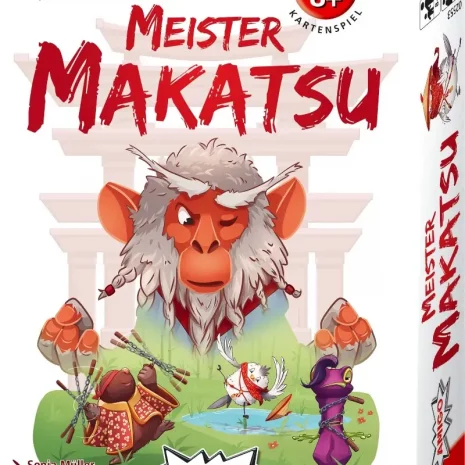 Vorderseite der Box „Meister Makatsu“ – Ninja-Kartenspiel von AMIGO.