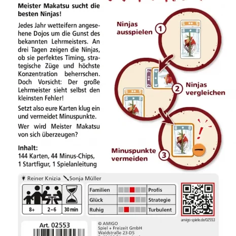 meister-makatsu-verpackung-rueckseite-webp Rückseite mit Angaben: 2–6 Spieler, ab 8 Jahren, ca. 30 Minuten und Prüfungen an drei Tagen.