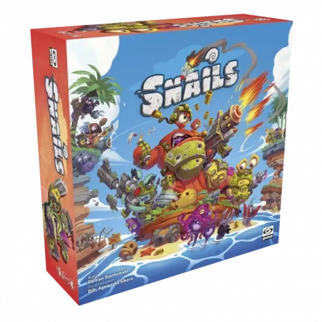 Vorderseite der Box „Snails – Das Brettspiel“ – bewaffnete Schnecken im Kampf