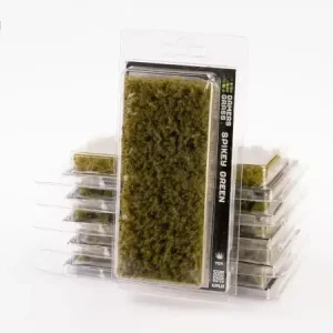 Vorderseite der Packung Gamers Grass Spikey Green mit dornigen 6 mm-Grasbüscheln in mittlerem Grün