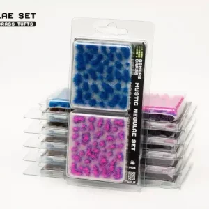 Vorderseite der Packung Gamers Grass Mystic Nebulae Set mit violett-blauen Alien-Grasbüscheln