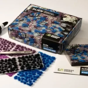 Vorderseite der Packung Gamers Grass Grass Tuft Starter Box Alien Grass mit leuchtenden farbigen Grasbüscheln