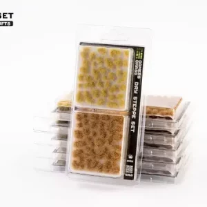Vorderseite der Packung Gamers Grass Dry Steppe Set mit hellbraunen und grünen Grasbüscheln