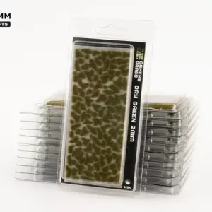 Vorderseite der Packung Gamers Grass Dry Green 2 mm mit kurzen blassgrünen Grasbüscheln
