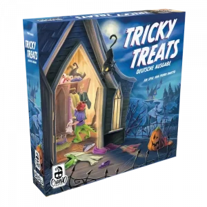 Vorderseite der Box „Tricky Treats“ – buntes Halloween-Kartenspiel von Cranio Creations / Elznir Games