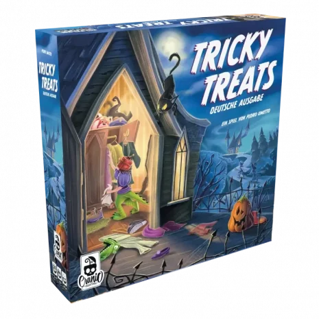 Vorderseite der Box „Tricky Treats“ – buntes Halloween-Kartenspiel von Cranio Creations / Elznir Games