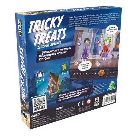 trickytreats-verpackung-rueckseite-webp Rückseite mit Spielinfos: 2–4 Spieler, ca. 45 Minuten, ab 8 Jahren