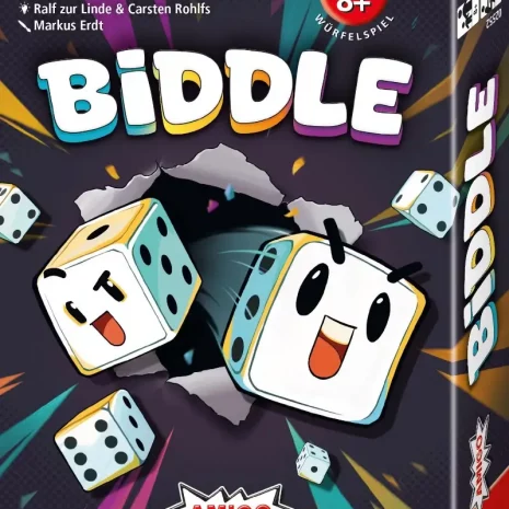 Vorderseite der Box „Biddle“ – Würfelspiel von AMIGO mit Wettmechanik und Teamduell