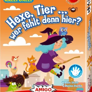Vorderseite der Box „Hexe, Tier … wer fehlt denn hier?“ – Kinderkartenspiel von AMIGO
