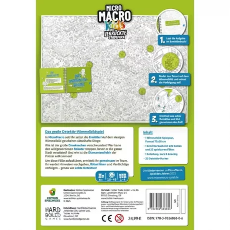 micromacro-kids-stadtpark-verpackung-rueckseite-webp Rückseite mit Spielinfos: 1–4 Spieler, Rätsel-Poster, ab 6 Jahren