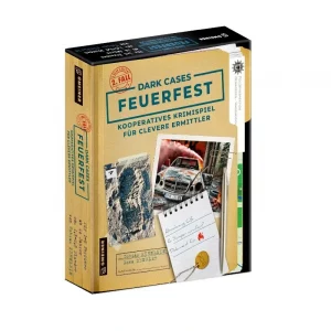 Vorderseite der Box „Dark Cases – Feuerfest“ – kooperatives Krimispiel vom Gmeiner Verlag