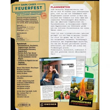 darkcases-feuerfest-verpackung-rueckseite-webp Rückseite mit Spielinfos: 1–6 Spieler, ab 14 Jahren, Krimifall „Feuerfest“