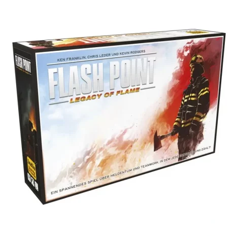 Vorderseite der Box „Flash Point: Legacy of Flame – Deutsche Ausgabe“ – kooperatives Rettungskraft-Brettspiel