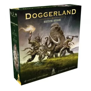 Vorderseite der Box „Doggerland“ – Kennerspiel von Elznir Games/Super Meeple mit Stamm- und Eiszeitmotiv