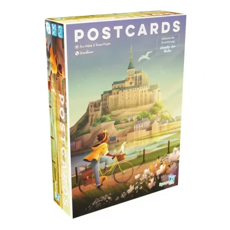 postcards-verpackung-vorderseite-webp Vorderseite der Box „Postcards“ – Familienspiel von Elznir Games mit Fahrrad-Reisethema