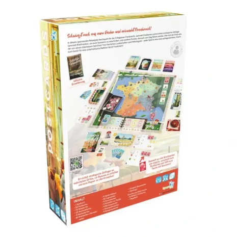postcards-verpackung-rueckseite-webp Rückseite mit Spielinfos: 1-4 Spieler, ca. 30–45 Minuten, ab 10 Jahren, Postkarten sammeln