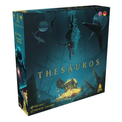 thesauros-verpackung-vorderseite-webp Vorderseite der Box „Thesauros“ – Kennerspiel von Elznir Games / Super Meeple mit Bergungs- und Altzeitmotiv