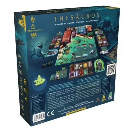 thesauros-verpackung-rueckseite-webp Rückseite mit Spielinfos: 1–4 Spieler, ab 14 Jahren, Bergungstechnologie, Museums-Relikte