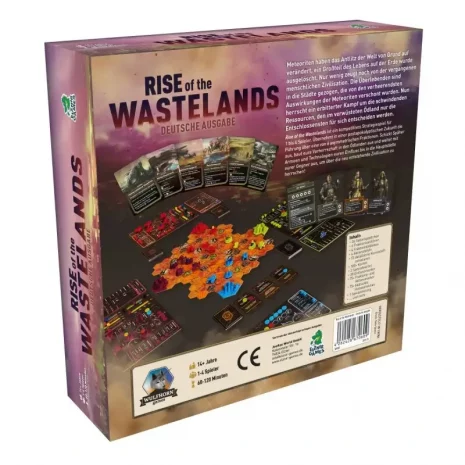 rise-of-the-wastelands-verpackung-rueckseite-webp Rückseite mit Spielinfos, Fraktionstabellen und Ressourcensymbole