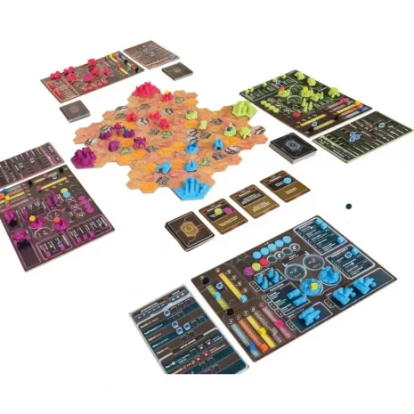 rise-of-the-wastelands-inhalt-webp Spielmaterial von Rise of the Wastelands – Gebietsplättchen, Fraktionsfiguren, Ressourcentoken, Karten und Würfel