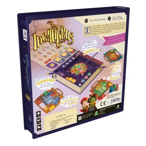 incantibus-verpackung-rueckseite-webp Rückseite mit Spielinfos: 2–4 Spieler, 30 Minuten, ab 8 Jahren, magisches Duell-Design