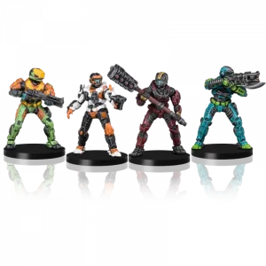 Inhalt des Sets mit vier Miniaturen und zugehörigen Spiel-/Profilkarten