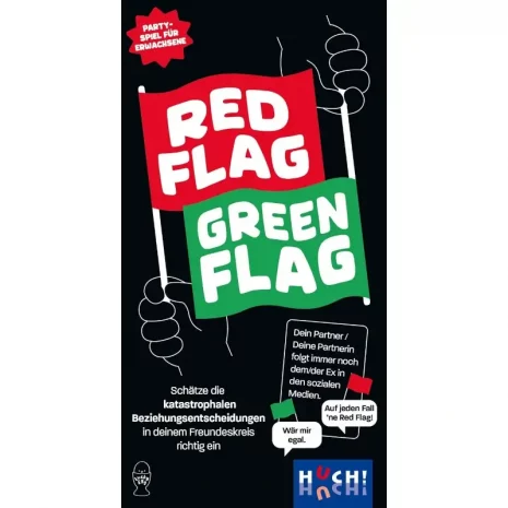 red-flag-green-flag-verpackung-vorderseite-webp Vorderseite der Box „Red Flag, Green Flag“ – Partyspiel von HUCH! mit Flaggen und Alltagsthema