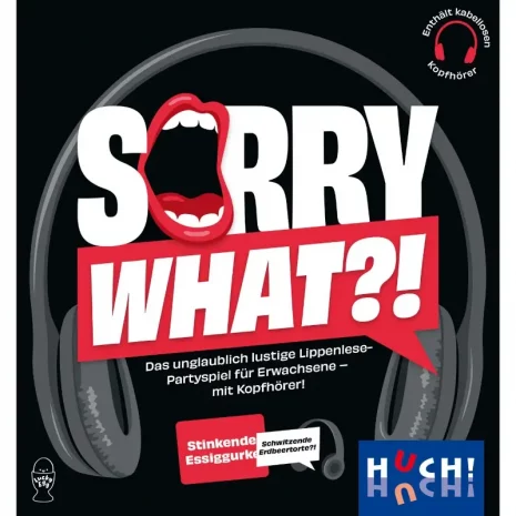 sorry-what-verpackung-vorderseite-webp Vorderseite der Box „Sorry What?!“ – Partyspiel von HUCH! mit Kopfhörer-Thema