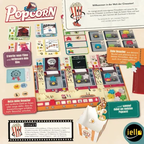 popcorn-verpackung-rueckseite-webp Rückseite mit Spielinfos: 2–4 Spieler, ca. 60 Minuten, ab 10 Jahren, Besucher-Platzierung & Bag-Building