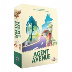 Vorderseite der Box „Agent Avenue“ – taktisches Kartenspiel von Nerdlab / Pegasus Spiele