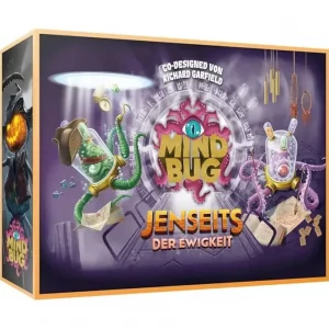 Vorderseite der Box „Mindbug: Jenseits der Ewigkeit“ – Kartenspiel-Duell mit neuer Mechanik