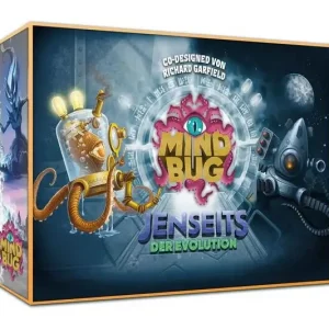 Vorderseite der Box „Mindbug: Jenseits der Evolution“ – Duell-Kartenspiel mit Evolutionsmechanik