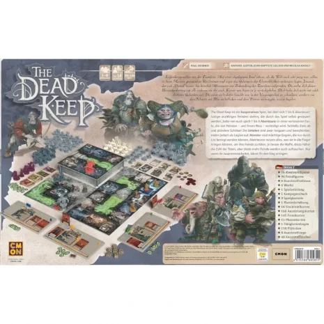 the-dead-keep-deluxe-verpackung-rueckseite-webp Rückseite mit Spielinfos: 1-6 Spieler, ca. 90-180 Minuten, Deluxe-Edition & Monsterhorden
