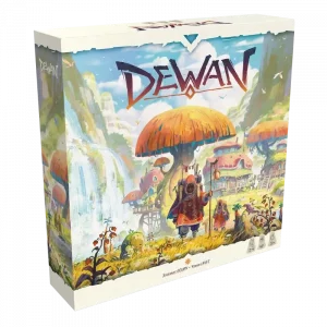Vorderseite der Box „Dewan“ – strategisches Familienspiel von Space Cowboys