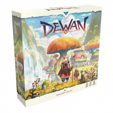 Vorderseite der Box „Dewan“ – strategisches Familienspiel von Space Cowboys