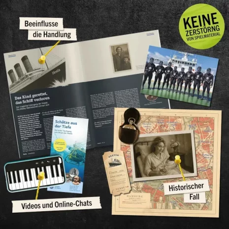 hidden-games-tatort-schatten-der-zeit-inhalt-webp Spielmaterial von Hidden Games Tatort: Schatten der Zeit – Beweismittel-Karten, Tauchprotokoll und Fallheft