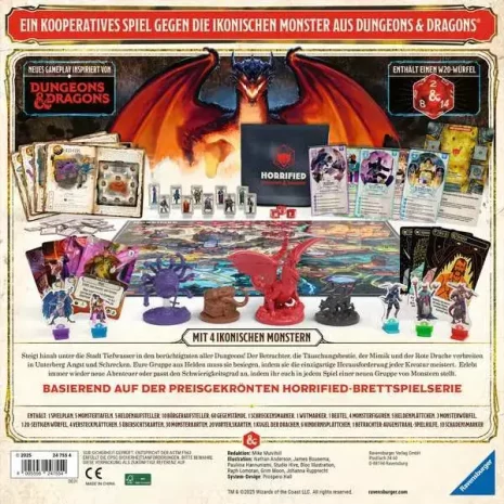 horrified-dungeons-dragons-verpackung-rueckseite-webp Rückseite von Horrified: Dungeons & Dragons mit Informationen zu Spieleranzahl und Monster-Strategien